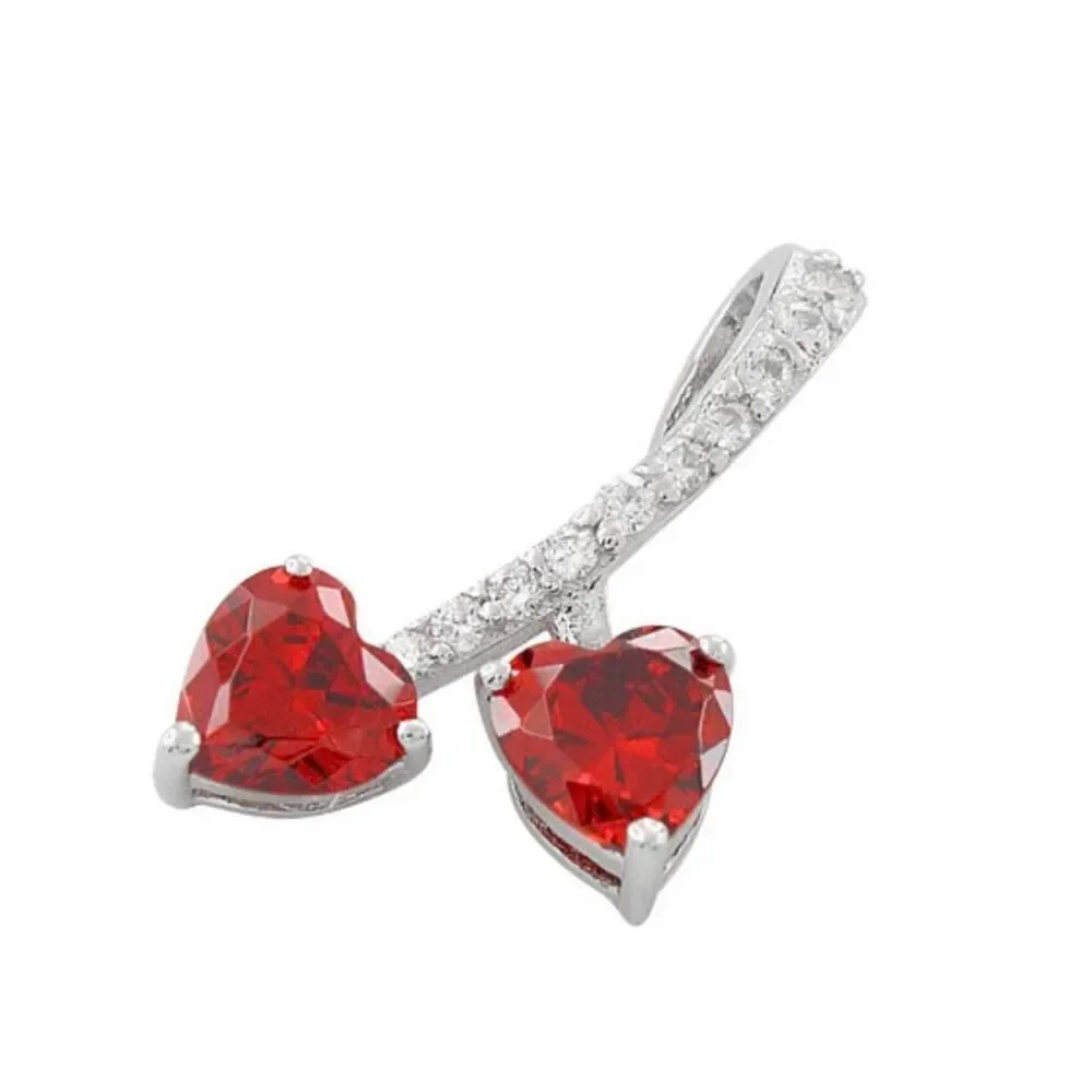 Sterling Silver Cherry Hearts Garnet CZ Necklace Pendant New